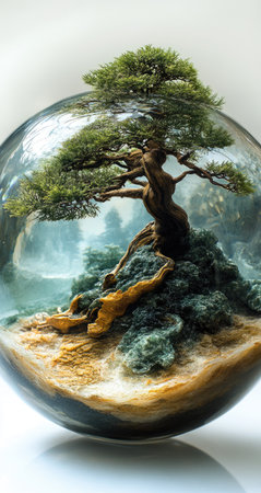 The miniature bonsai tree is encased in clear glass, creating an ethereal and enchanting display of nature inside the sphere. The focus is on the intricate details of the tree's branches and leaves, which are visible through the transparent glass. --ar 8:15 --stylize 750 --v 6.1 Job ID: 33986d61-1fd5-47ec-9f42-8e823be42971の素材