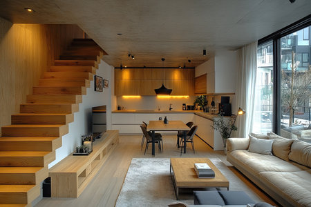 Stairs in a modern apartment, with a wooden floor and white walls. A dining table with chairs is near the kitchen area, and a sofa is on the right side of the stairs. A television is mounted on the wall above the couch, and a lamp is hanging from the ceiling. --ar 3:2 --stylize 750 --v 6.1 Job ID: caf4a3cd-2391-4076-8927-d2fe44b672e6の素材