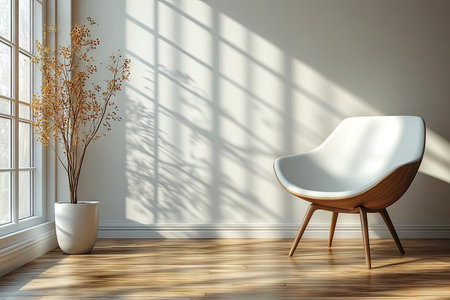 Photo of a minimalist chair and blank wall for text in an empty room, with a neutral color scheme. Web banner with copy space on the right. --ar 3:2 --stylize 750 --v 6.1 Job ID: 74effb71-314a-4b7b-a3e1-f64e94d8d82eの素材