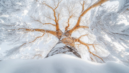 The view from the top of an old, snow-covered pine tree, looking up at its branches and trunk, is a breathtaking sight that captures nature's grandeur in all its winter splendor. The intricate patterns on each branch and crown create a mesmerizing display against the pristine white backdrop. This scene exudes tranquility as it blends elements of natural beauty with serene winter landscapes. --ar 53:30 --stylize 750 --v 6.1 Job ID: 9ddd4009-7132-4817-a5ae-69f123cf34ebの素材