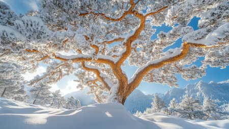 The snow-covered branches of an ancient pine tree form intricate patterns, with the delicate textures and colors adding depth to the scene. The camera captures the view from below, offering a bird's-eye perspective that highlights the grandeur of nature in winter. High-definition photography, a wide-angle lens, meticulous details, and natural light create a serene atmosphere. This photograph is suitable for stock images, with high resolution, sharp focus, and detailed textures. --ar 53:30 --stylize 750 --v 6.1 Job ID: 277fb3cf-047e-44b4-9ffd-e34f075db766の素材