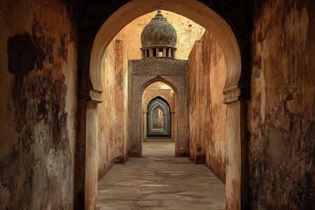 An archway leading to the grand mosque of Olderuc, with its tall minaret and intricate carvings. The photo captures the architectural beauty and spiritual significance of such places of worship in Omani culture. Wide-angle lens, natural lighting. --ar 3:2 --v 6.1 Job ID: 53776549-ea3e-4224-b297-5be5823bab81の素材