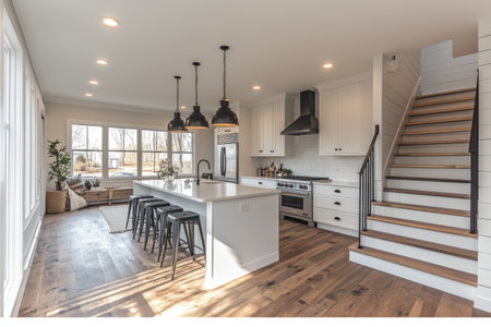 Wide shot of an open-concept basement with white walls, hardwood floors, and black iron pendant lights. A kitchen island with barstools is on the left side of the room, and a staircase to the upper level is in the background. --ar 3:2 --stylize 750 --v 6.1 Job ID: 5b06d1aa-d666-4126-a6fa-01d7c299061cの素材