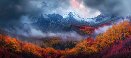 A panoramic view of the majestic alpine mountains in autumn, with colorful foliage and misty clouds creating an enchanting atmosphere. The high-resolution photograph captures the grandeur of these peaks against a dramatic sky, evoking awe and wonder at nature's beauty. --ar 34:15 --v 6.1 Job ID: 478f3f4e-5d53-4d95-b53a-fdfb41349845の素材