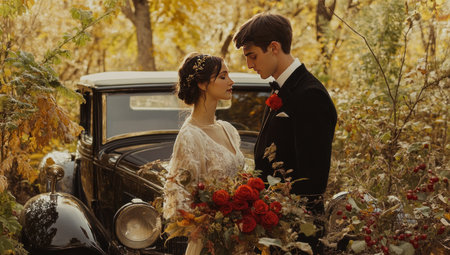 A whimsical autumn wedding scene with the bride and groom standing in front of an old car surrounded by wildflowers, berries, and lush foliage. The couple is holding hands while looking at each other lovingly. They both have elegant hair updo's and wear vintage attire. A beautiful bouquet of red roses stands between them. --ar 53:30 --v 6.1 Job ID: cfc38e5e-6308-4e34-bc4a-23919d4f6da2の素材