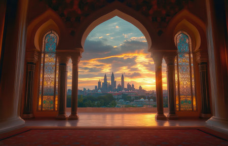 The majestic arch of the cinematic style, wide-angle shot, an enchanting view from the interior of a Malaysian mosque to the outside during Ramadan, with a beautiful sky at sunset. The grandeur and beauty are captured by a professional camera, with intricate details showcasing Islamic architecture, minarets, vibrant colors, and illuminated elements. This image is perfect for Ramadan-themed designs or cultural events. --ar 47:30 --v 6.1 Job ID: 1324e1b5-5633-4dca-964f-466f78f5b1d3の素材