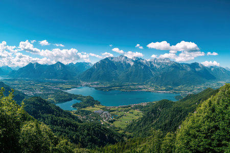 A panoramic view of the Alps, showcasing majestic mountains and lush greenery with alpine lakes. The sky is clear blue with fluffy white clouds, creating an idyllic scene perfect for adventure travel or outdoor activities. Shot by Nikon D850 DSLR mirrorless lens camera at f/2.4 aperture setting --ar 3:2 --v 6.1 Job ID: 8bdde6ce-6f63-47e3-a34c-a3c29f9f2647の素材