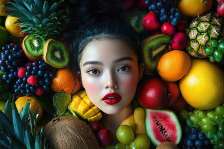 A vibrant display of exotic fruits, including watermelon and mango, arranged in an overhead view. The colorful array includes pineapples, oranges, grapes, kiwis, coconuts, pears, apples, cherries, and more., focus on face --ar 3:2 --v 6.1 Job ID: 9637fa2c-cdbf-4d97-a071-18bbe3b49002の素材
