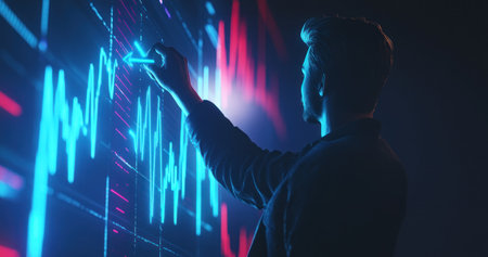 Businessman touching a growth graph line with a blue arrow pointing up on a virtual screen, and an upward-trending bar chart rising in a dark background, representing business success or a stock market profile during the global economic climate. This image is a composite, radiating together against the backdrop of an advertising concept for your brand, with copy space for a banner mockup design template. 3D rendering. --ar 19:10 --v 6.1 Job ID: 42c85ca1-0d4f-40de-bcee-3e4e67309331の素材