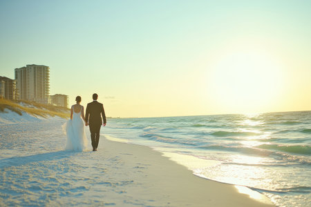 Photo of a bride and groom walking along the beach on their wedding day, with clear skies in the background. Web banner with copy space on the left side. --ar 3:2 --v 6.1 Job ID: 709e6769-61f5-4f8a-be0c-33a58c760054の素材