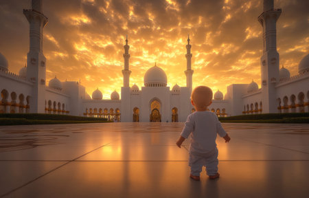 The Sheikh Zayed Grand Mosque at sunset, in the style of architecture photography, showcases its majestic presence. The golden light and clouds create a breathtaking scene, captured from a wide-angle perspective. The front view highlights the mosque's grand architecture, with its white minarets and large entrance door adorned with arches, illuminated by lights. The large plaza is surrounded by lush greenery and white buildings, while the golden sky and the orange reflections of clouds on the top of the building add to the serene and awe-inspiring atmosphere. --ar 47:30 --v 6.1 Job ID: e3068cf7-1446-4027-baac-d20760614b3cの素材