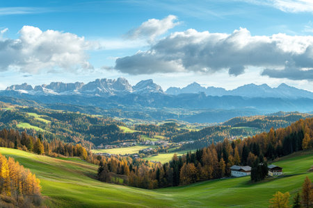 Panoramic view of the Dolomites in Italy with green grassy hills and forest trees in autumn, blue sky, beautiful mountain range, stock photography, in the style of travel poster. --ar 3:2 --v 6.1 Job ID: c3ed7820-f202-42ff-a4f6-e236876cef50の素材