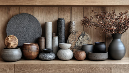 A material moodboard featuring oak wood, grey felt fabric, and black granite stone, set against a white background, viewed from above. --ar 53:30 --stylize 750 --v 6.1 Job ID: cac496e1-4b88-4621-ab40-0f9c0e433d21の素材