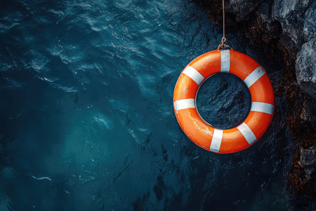A life ring floating on the sea, with dark blue water in the background. The scene is captured from above, focusing on an orange and white striped combination of a large circular-shaped lifeline attached to it by a rope hanging down. It appears centered against the deep ocean backdrop, creating a sense of calmness and safety. This visual representation conveys swimming or rescue themes, emphasizing the importance of safety and protection during aquatic activities. --ar 3:2 --stylize 750 --v 6.1 Job ID: 0dabe8a6-8bd0-4326-bfc9-dbff895bf861の素材