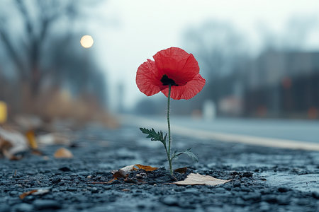 A lone red poppy flower growing on the asphalt of an abandoned racetrack, symbolizing hope and resilience in desolate surroundings. --ar 3:2 --stylize 750 --v 6.1 Job ID: 339aac8f-33ab-4468-81ae-6b0e629b8872の素材
