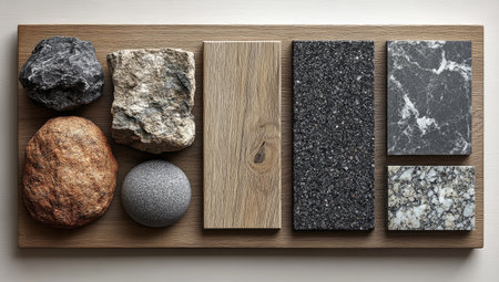 A material moodboard featuring oak wood, grey felt fabric, and black granite stone, set against a white background, viewed from above. --ar 53:30 --stylize 750 --v 6.1 Job ID: cac496e1-4b88-4621-ab40-0f9c0e433d21の素材