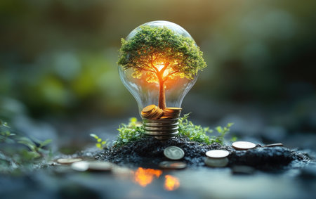 A light bulb containing coins and a green tree, symbolizing eco-friendly energy use for sustainable business practices. The background is blurred to emphasize the concept of renewable power from a global corporate perspective. --ar 8:5 --stylize 750 --v 6.1 Job ID: eeb72714-67fd-49c8-86d1-6ba00364e636の素材