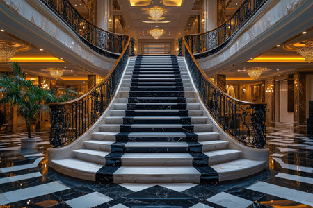 A luxurious marble staircase in an elegant hotel lobby, with black and white checkered floors and a grand iron handrail, showcasing the beauty of natural stone in high-end interior design. --ar 3:2 --stylize 750 --v 6.1 Job ID: 3c8514d0-a033-4e25-8983-12920217c37eの素材