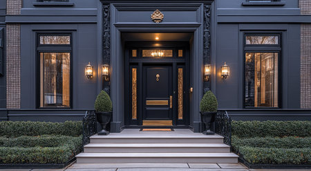 A luxurious front door of an apartment building with black ironwork, surrounded by light gray walls and double windows. The entrance is framed in decorative stucco and features two wall sconces on each side. A large flat stone step leads to the entryway, flanked by short hedges that add depth to its appearance. This exterior design adds sophistication and elegance to your home's visual appeal. --ar 11:6 --stylize 750 --v 6.1 Job ID: 95140cb3-eb65-468e-8bf0-c91c0ad1869eの素材
