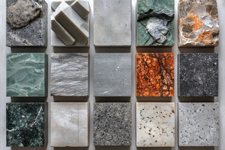 A material mood board with different gray marble, concrete, and terrazzo swatches arranged in squares on a white background. The swatches should include gray marble, dark green marble, textured gray granite, textured gray stone with small black speckles, and textured light gray color. In the style of Mies Van der Rohe design studio. Isolated on a white background. --ar 3:2 --stylize 750 --v 6.1 Job ID: d3eb01e7-382c-45fd-b202-0439cc0ea217の素材