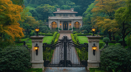 A luxurious European-style villa with an entrance door, black iron mesh gates, and two wall sconces on each side of the front gate, located in Chongqing. The solid white walls feature light gray accents. The background features green hedges and a small garden landscape, creating a symmetrical composition. --ar 11:6 --stylize 750 --v 6.1 Job ID: 1674e5f7-e785-4fd6-a99b-ad0d59554ed8の素材