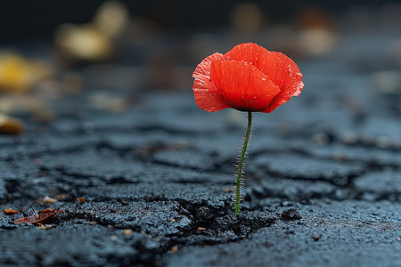 A lone red poppy growing on the asphalt of an abandoned racetrack, symbolizing hope and resilience in contrast to its urban surroundings. --ar 3:2 --stylize 750 --v 6.1 Job ID: 44ea8192-ed7e-449f-b024-8a9b5e559acfの素材