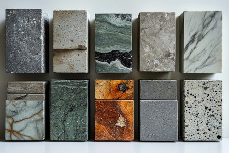 A material mood board with different gray marble, concrete, and terrazzo swatches arranged in squares on a white background. The swatches should include gray marble, dark green marble, textured gray granite, textured gray stone with small black speckles, and textured light gray color. In the style of Mies Van der Rohe design studio. Isolated on a white background. --ar 3:2 --stylize 750 --v 6.1 Job ID: d3eb01e7-382c-45fd-b202-0439cc0ea217の素材