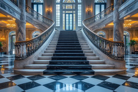 A luxurious marble staircase in an elegant hotel lobby, with black and white checkered floors and a grand iron handrail, showcasing the beauty of natural stone in high-end interior design. --ar 3:2 --stylize 750 --v 6.1 Job ID: 3c8514d0-a033-4e25-8983-12920217c37eの素材