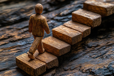 A man is walking up the steps made of wooden blocks on an old wooden background, with one step broken off and lying next to it. The figure has been cut out from paper. This concept symbolizes growth or success in business, professional development, and personal achievement. High-resolution photography. Empty blank space for text. --ar 3:2 --stylize 750 --v 6.1 Job ID: dadebf62-f2d7-4c7f-9fc8-b2048e65be87の素材