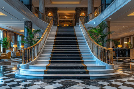 A luxurious marble staircase in an elegant hotel lobby, with polished stone steps leading to the reception area. The stairs have a black and white checkered pattern of tiles for perfect contrast against the grey color of the staircase. There are sleek metal handrails on each side of the stairs. In the style of product photography. --ar 3:2 --stylize 750 --v 6.1 Job ID: 9b2dbf98-0ec4-49e6-b994-57f1d60acdb8の素材