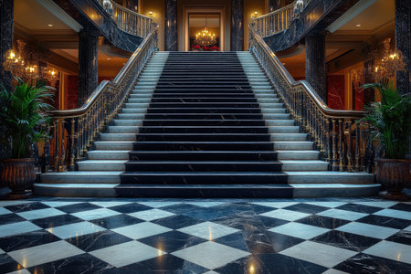 A luxurious marble staircase in an elegant hotel lobby, with polished stone steps leading to the reception area. The stairs have a black and white checkered pattern of tiles for perfect contrast against the grey color of the staircase. There are sleek metal handrails on each side of the stairs. In the style of product photography. --ar 3:2 --stylize 750 --v 6.1 Job ID: 9b2dbf98-0ec4-49e6-b994-57f1d60acdb8の素材