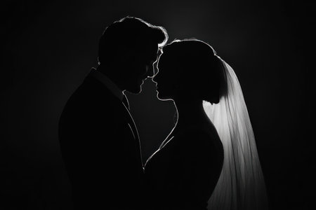 A silhouette of the bride and groom embracing in deep darkness, their faces illuminated by the soft glow from behind them. The dark background creates an atmosphere of mystery and romance as they share a tender moment together on their special day. --ar 3:2 --v 6.1 Job ID: 29c95f3b-48de-4d4d-9b81-ed511a684e30の素材