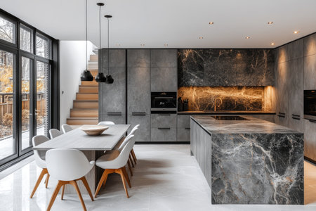 A modern kitchen with gray cabinets and a black marble wall, set against a white background and white floor. The room features a kitchen island, a light wood table in the center, and white chairs. The black stone countertop sits atop a wooden baseboard. A large, high-resolution photograph, captured with a DSLR camera at an aperture of f/2.8, showcases the architectural design of the space. --ar 3:2 --stylize 750 --v 6.1 Job ID: 726aa107-457c-4d6e-8dea-1292602715a8の素材