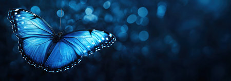 A blue butterfly with black dots on its wings, spread out on the left side of an abstract dark background. The butterfly is illuminated by a soft light that highlights it against the deep navy color of the backdrop. There is space at both sides for text or graphics. --ar 43:15 --v 6.1 Job ID: 000f57d2-e020-4867-8702-c8467429208aの素材