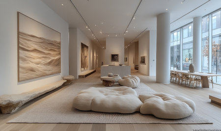 A modern living room with white walls and light wood floors. A large wall art mockup is in the center of the frame. The room features neutral tones and modern furniture. A kitchen island is visible on the right side, and a cozy lighting setup illuminates the space. At the end of the hallway, a dining area is visible. --ar 5:3 --stylize 750 --v 6.1 Job ID: 9b30a9c5-2adb-4bf7-a9a7-066d2ab02569の素材