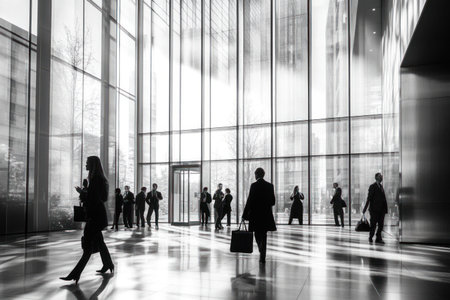 Business people in suits and skirts, walking around the lobby of a modern office building with glass windows, talking to each other while holding briefcases. The interior is spacious, filled with large floor-to-ceiling windows that blur the outside views. A group stands at an angle on another level of the structure, creating depth between them and those inside the main hall. They appear focused yet relaxed as they interact within their corporate environment. --ar 3:2 --v 6.1 Job ID: 48a83fc4-cb89-41e3-8aa8-27fb7799a5a7の素材