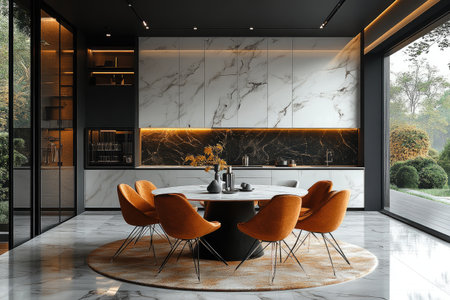 A modern kitchen with a round dining table, white marble wall panels behind the minimalist open floor plan, a sleek black ceiling, orange chairs, white cabinets, a minimalistic style, a contrasting color palette, and high-resolution photography. --ar 3:2 --stylize 750 --v 6.1 Job ID: 08ae1678-eb50-45ff-92f9-e65ccfbd0aa9の素材