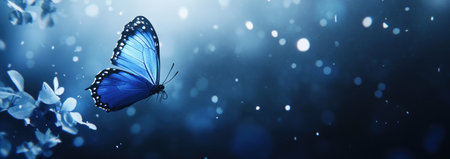 A blue butterfly with black dots on its wings, spread out on the left side of an abstract dark background with blurred light effects. The butterfly is in sharp focus against a blurry gradient that transitions from deep navy to bright white and hints at the beauty found within nature's vibrant colors. This artistic composition adds depth and vibrancy to your social media profile banner. --ar 43:15 --v 6.1 Job ID: 31f21603-bc4d-4e2c-bbe3-599eaa62cedeの素材