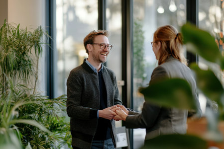Business people shaking hands and laughing during an office meeting, Sony Alpha A7 III, capturing the moment of joy in business communication, bright daylight creating a cheerful atmosphere, high resolution for stock photography, --ar 3:2 --v 6.1 Job ID: 521aacc2-fd5c-4afe-871a-41037db7dd89の素材