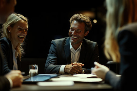 Business team in meeting, smiling and shaking hands over table with digital tablet . Man woman laughing together at office conference room . Smiling businessman giving handshake to businesswoman for resolution of another achievement or accurate deal on boardroom desk . , close-up shooting, 4k, ultra realism, high detail, Kodak Ektar, stock photography, cinematic shot + photo taken by ARRI, photoshot by Sony Alpha A7 III film canon K35 prime lenses + incredibly detailed, sharpen details on screen, professional color grading, light contrast, deep shadows, cinematic sharp focus --ar 3:2 --v 6.1 Job ID: 859f9a37-f372-4be7-a4fd-e86f2e359fc5の素材