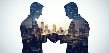 Double exposure of a group of business people shaking hands with a cityscape background, double exposure photography, silhouette lighting, clean lines, high resolution. --ar 31:15 --v 6.1 Job ID: 130a6fb4-1aff-4180-b325-ee206a318297の素材
