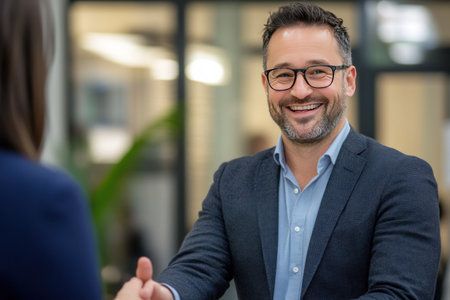 Happy business people shaking hands and smiling during an interview in the office, Sony Alpha A7 III, portrait lens, high resolution stock photo style --ar 3:2 --v 6.1 Job ID: 2182874a-4195-44ed-99f7-aa883362ab30の素材
