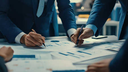 Businessmen and financial analysts; two people in suits working together on paper with graphs, charts, data curves, concept of market analysis or business plan; office desk background, close-up view focusing only on the hands holding pens and papers. Canon EOS R5 mirrorless camera, macro lens, f/2.0 aperture for sharp focus on details. Soft lighting creating gentle shadows around the figures. The scene conveys precision and skill while maintaining an atmosphere of collaboration between colleagues. --ar 53:30 --v 6.1 Job ID: 74e88e76-cc38-4f93-ab1a-22ed14273628の素材