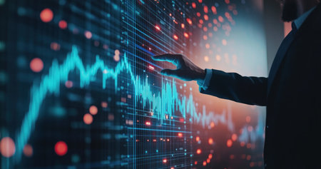 Businessman touching an upward-growing graph on a virtual screen, with a blue arrow pointing up and a bar chart showing business growth in a dark background. The man, wearing a suit, is holding his hand out of the frame, suggesting rising sales or a stock market increase. --ar 19:10 --v 6.1 Job ID: 06f20f75-fcde-4dd2-a56d-859e0bd50825の素材