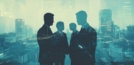 Double exposure of a group of business people shaking hands and a cityscape, double exposure photography, abstract art background. --ar 31:15 --v 6.1 Job ID: 2ccb2d79-8e06-4f13-a7e4-e5daae764561の素材
