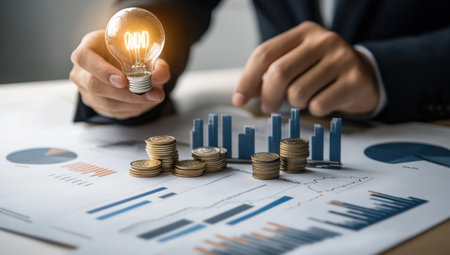 Businessman using a light bulb icon to represent the concept of making money, with a stack of coins and financial graphs on the table. The image was captured using a Sony A7R IV camera, with natural lighting and an 85mm f/2 lens. --ar 53:30 --v 6.1 Job ID: 82f264fa-0bdc-4cd9-ae9e-d4d849e27cc8の素材