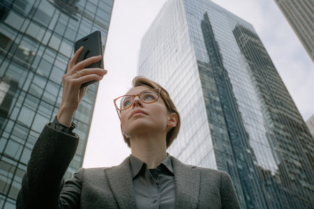 A professional woman in her late thirties, wearing business attire and glasses with short hair tied back, stands outside an office building on the ground floor holding up her phone to photograph the exterior of tall glass skyscrapers. The shot is photo-realistic, with a low angle and natural lighting, captured by a Sony Alpha A7 III camera using Kodak Portra film. --ar 3:2 --v 6.1 Job ID: d0aa1263-b8a3-4f79-9107-157737ee9825の素材