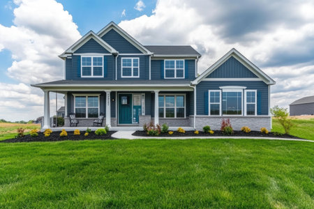 Photograph of a beautiful two-story home in the countryside, with a gray and blue color scheme and white trim on the windows. The home has a green grass lawn and a well-designed front yard landscape. The large house features a porch, and the front door is a bright teal color. The sky is filled with fluffy clouds. --ar 3:2 --v 6.1 Job ID: 0148a78c-6f2f-499c-bcda-c33627ad5daeの素材