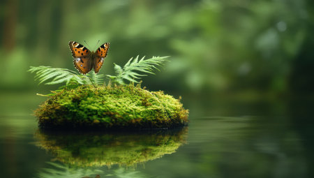 A small, moss-covered island with ferns growing on it floats in the water, a reflection of which is visible on its surface. A brown butterfly perches delicately atop one leaf. The background features lush greenery and soft lighting, creating an atmosphere that evokes tranquility and nature's beauty. --ar 53:30 --v 6.1 Job ID: c4b7e695-5bcf-49fd-88c6-fe89f7f60e93の素材