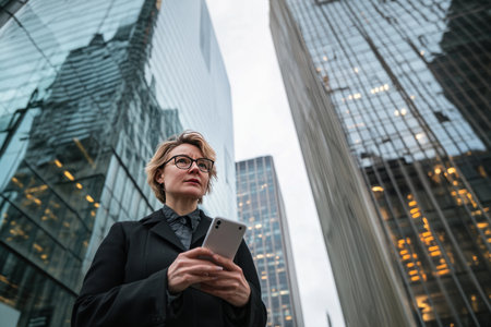 A woman in business attire stands outside an office building, holding her phone and looking at the screen with concentration. The background is a tall glass skyscraper that reflects other buildings around it. She wears glasses and has short blonde hair tied back. Her outfit includes black trousers and white shoes. Captured with a Nikon D850 DSLR camera at an aperture of f/4 and ISO settings ranging from 27 to 36. --ar 3:2 --v 6.1 Job ID: 8f23204a-fbdb-48dd-8087-c5e0efa80962の素材